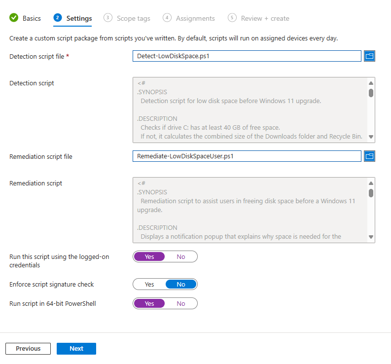 Intune Remediation: detection and remediation script settings